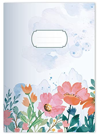 2x Garten Blumen DIN A4 Schulheft, Rechenhefte im Aquarell Stil gemalt in Hellblau Lineatur 20 (blanko)