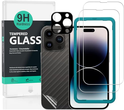 Ibywind Screen Protector (2 Pack) For iPhone 14 Pro Max,9H Hardness Tempered Glass,With 1Pc Metal Camera Lens Protector,1Pc Back Protector,Easy to Install