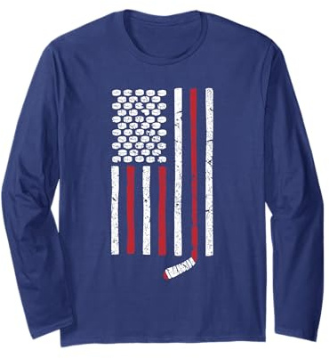 Hockey Stick and Puck American Flag Long Sleeve T-Shirt