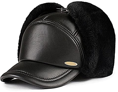 JIARY Leder Wintermützemit Ohrenklappen,Unisex Warme Schneedichte Fliegermütze,Schlittschuhlaufen und andere Outdoor-Aktivitäten,Schwarz,XXL (59~60cm)