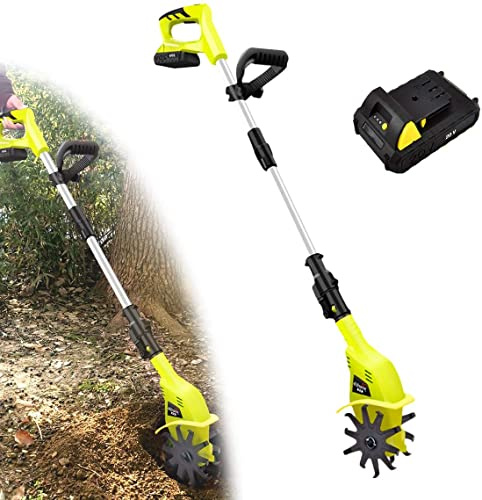 Motoazadas eléctricas a batería, motoazada eléctrica regulable, ancho de trabajo 10 cm, profundidad 25 cm, con batería de litio de 5,2 Ah y cargador rápido, ideal para aflojar la tierra (Amarillo