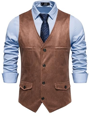 MakingDa Gilet da cowboy da uomo casual vintage in pelle scamosciata gilet western vestibilità regolare collo a V cappotto in pelle, cachi, XL