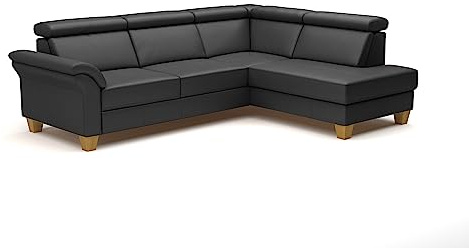 CAVADORE Leder-Schlafsofa Ammerland mit Ottomane / Landhaus-Sofa mit Federkern, Bett, Bettkasten + Kopfteilverstellung / 245 x 84 x 194 / Leder Schwarz