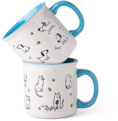 AmorArc 22 OZ Large Ceramic Coffee Mugs Set of 2, Oversized Mugs With Big Handle for Men Women Dad Mom, Big Mug With Textured Dogs Cats Patterns for Office & Home -Microwave Safe, 2 Pcs-Blue