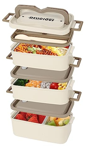 IGTOPS Fiambrera para adultos con compartimentos de acero inoxidable, caja de 3 capas, a prueba de fugas, fiambrera ideal para adultos y niños para la escuela, trabajo, pícnic, viajes (caqui)