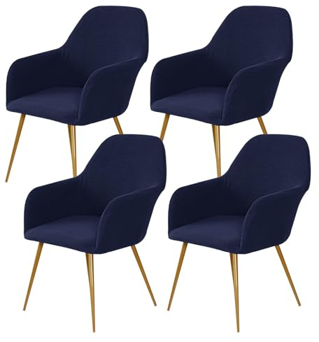 ZRCYXDW Elasticas Comedor Sillas Cubiertas con Brazos Respaldo, Extraíble Fundas para Sillas De Comedor con Brazos Respaldo Cuadros Brazos Respaldo Cubiertas Sillas Lavable-Azul Marino-4 Pieza
