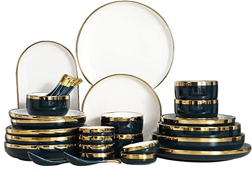 Porzellangeschirr-SetKeramik-Geschirr-Sets mit Goldrand Blau, Porzellan-Schüsseln und Teller-Sets rund, 26-teiliges Steingut-Geschirr-Set für 6, Keramik-Geschirr-Sets für Partys Hochzeit Ho