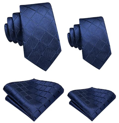 Hi-Tie Vater-Sohn-Krawatten-Set, gestreift, kariert, für Männer und Jungen, Seidenkrawatte, Einstecktuch, Set für Hochzeitsgeschenke, Marineblau kariert, Medium