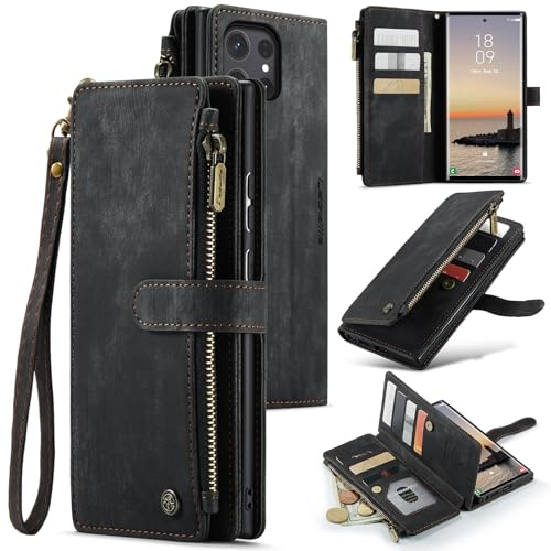 UEEBAI Hülle für Samsung Galaxy S24 Ultra 5G, Premium PU Lederhülle,Schwarz