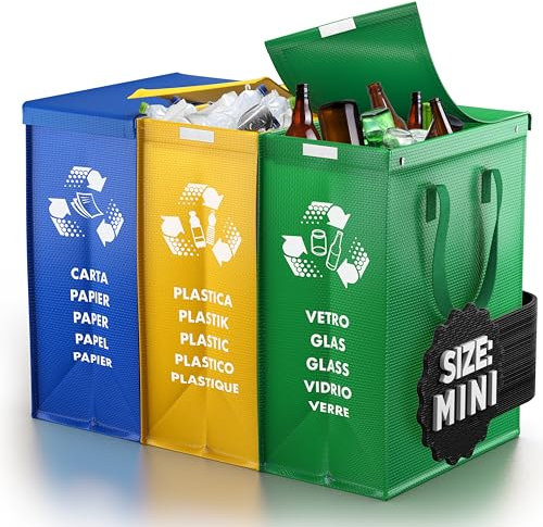 PTMS® Borse Raccolta Differenziata MINI con COPERCHIO - 3 Bidoni Differenziata da Interno ed Esterno per Carta, Plastica e Vetro - Set Bidoni per Raccolta Differenziata in Colore di Riciclaggio