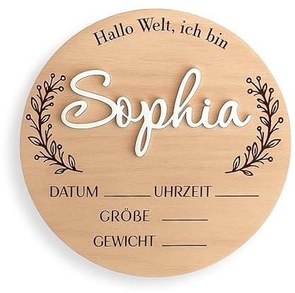 Personalisierte Hallo Welt Holzschild mit Name und gravierte Blätter, Meilenstein Hallo Welt aus Holz, Babygeschenk Geburt, Geburtsanzeige Baby-Ankündigung Schild, Geschenk zur Geburt (Design 1)