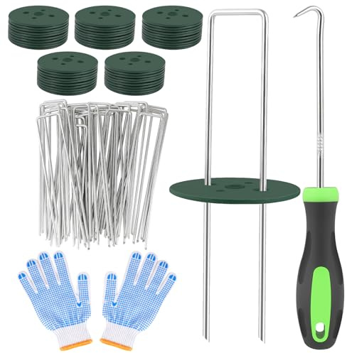 GIOVARA Anti-Rost Erdanker aus Stahl, Erdanker für Unkrautvlies, 50 Pufferscheibe zur Befestigung von Gartenvlies, Zaun, Kunstrasen, Folien-150x25mm -Ø3mm