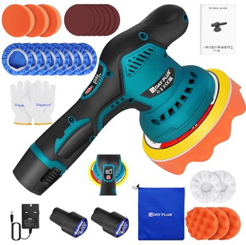 Cordless Car Polisher Buffer with 2x 2.0Ah Battery & Charger, Polishing Machine Kit with 6 Variable Speed 2800-5500RPM, Include Extra 22PCS Polishing Attachments Great for Car Detailing/Waxing/Sanding