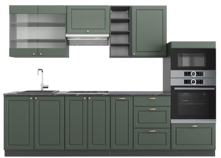 Vicco Küchenzeile Fame-Line, Grün-Gold Landhaus/Anthrazit, 280 cm | 9 Module · Höhenverstellbare Füße · AP Anthrazit inkl. · MDF-Fronten · Softclose · Metallgriffe