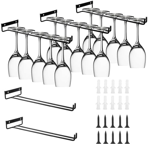 YAYODS Lot de 5 Porte-Verres à Pied Suspendu 30 cm - Support Verre de Vin en Métal Noir avec Vis - Rangement Sous Placard pour Cuisine, Bar, Restaurant et Cave à Vin