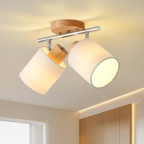 SANSHI LED Deckenlampe 2 flammig Deckenleuchte,Holz Deckenstrahler Schwenkbar 350°,Deckenspot E14 MAX.25W Spot,Modern Wandstrahler,Lampe Decke für Küche Schlafzimmer Flur Wohnzimmer,Ohne Leuchtmittel