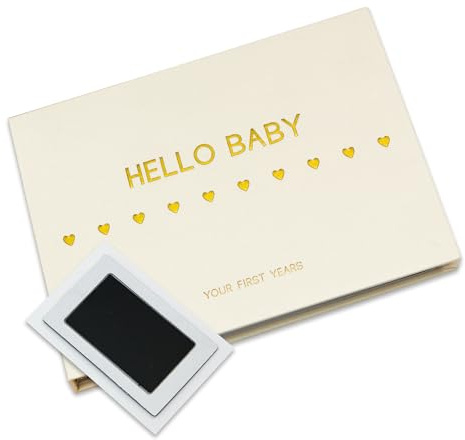 LOVE ON Baby Memory Book with Free Inkless Hand & Footprint Kit - First 5 Years Baby Journal with Elegant Linen Cover & Embossed Gold Foil - Inclusive of All Family Types (Hearts)