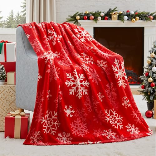 Joiedomi Rote Schneeflocke Weihnachtsdecke (130x150cm), Weiche Flanelldecke, Warme Plüsch Weihnachtsdekoration, Gemütliche Hüttendecke für Sofa Couch