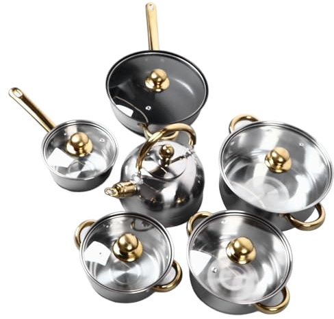 12Pcs Stainless Steel Kitchen Pots Set ,Smoothing Cookware with Golden Handle Compatible with All Cooktops for Cooking Results