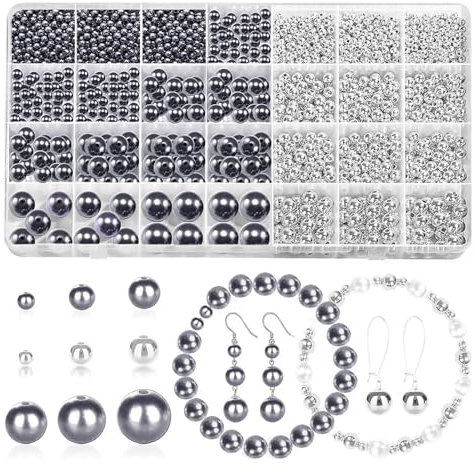 1900 Stück Schmuckperlen, Perlen Armbänder Bastelperlen zum Auffädeln Abstandsperlen 4/6/8/10/12 MM Perlenset Runde für Basteln Schmuckherstellung(Schwarz, Silber)