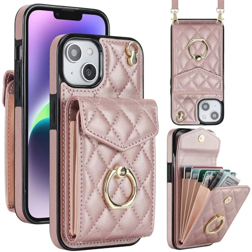 Draamvol for iPhone 15 Case Wallet Shockproof Leather iPhone 15 Phone Case with Card Holder Ring Holder Detachable Necklace Magnetic RFID Blocking Air Bumper Cover,Rose Gold
