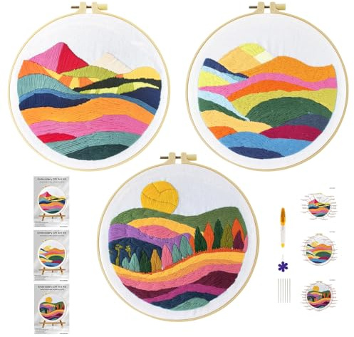 Xinpinzhou 3pcs Berg Landschaft Stickset Sticken Set für Erwachsene Anfänger Embroidery Kit Stickerei Stick Set Stickvorlagen Kreuzstich Vorgedruckt Stickbilder Stickbild Stickpackung Stickvorlage