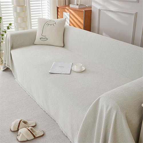 Highdi Sofadecke, Fischgrätenmuster 1 2 3 4 Sitzer Sofa Überzug L Form Sofabezug Ecksofa Universelle rutschfeste Couch Überzug Einteiliger Vielseitige Sofa Cover Decke (180x420cm,Weiß)