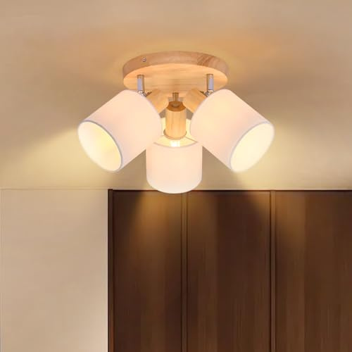 Lichtmaler Deckenstrahler 3 Flammig Deckenleuchte Rund Holz | Deckenlampe Wohnzimmer Deckenspot E14 MAX 25W Vintage Schwenkbar 350° Landhausstil Schlafzimmer Küche Ohne Leuchtmittel