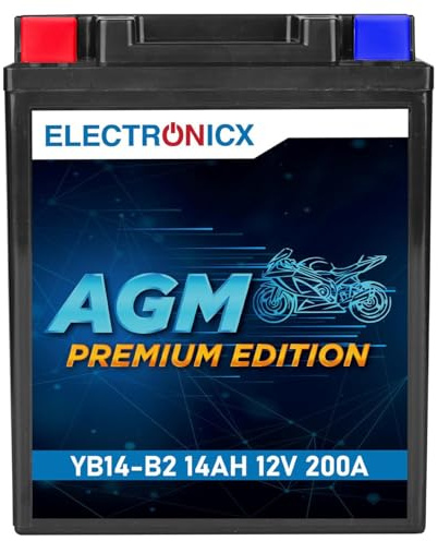 Electronicx AGM Premium YB14-B2 – 12V 14Ah 200A Hochleistungs-Motorradbatterie - wartungsfrei, versiegelt, auslaufsicher und vibrationsfest, mit VRLA-Technologie – Ideal für Roller, Quad und Motorrad