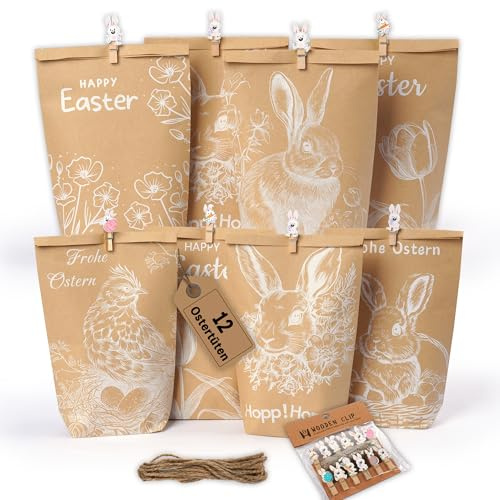 12 Ostertüten zum befüllen - Geschenktüten Ostern Set mit Motiv Hasen, Blumen und Küken - Ostern Papiertüten mit Holzklammern - ideale Mitgebsel Geschenkidee oder Oster Dekoration