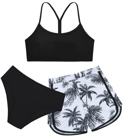 Miyanuby Ensemble de maillot de bain 3 pièces pour filles - Ensemble de bikini uni avec shorts de sport imprimés pour adolescentes de 9 à 16 ans, noir, 15-16 Years