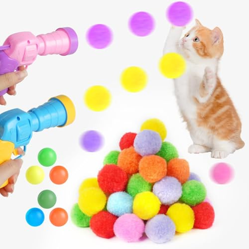 OSDUE Set di Lancio Giocattoli per Gatti con 100 Palline 2 Lanciatore, Gioco Interattivo con Palline di Peluche per Gatti Palline per Gatti Palline Giocattolo per Cani Gatti