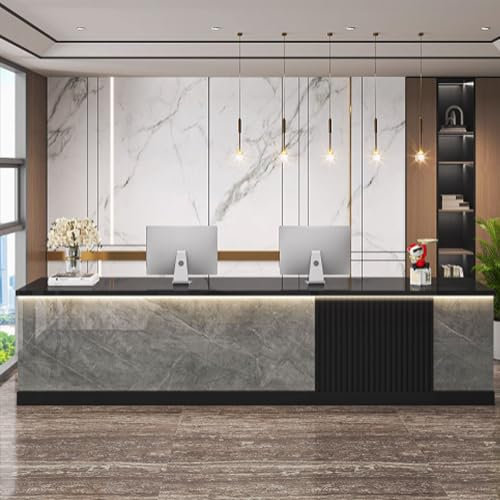 GUQASDV Empfangstheke Rezeption, Empfangstresen für Praxis, Reception Desk Salon, Bürotheke Reception Tisch für Restaurants und Schönheitssalons aus Holzwerkstoff(Gray Texture+Black,1.4m)