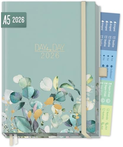 Häfft® Organizer Day by Day Deluxe 2026 A5 Tagesplaner Minty Leaves | Buchkalender 2026, Terminplaner, 1 Tag pro Seite