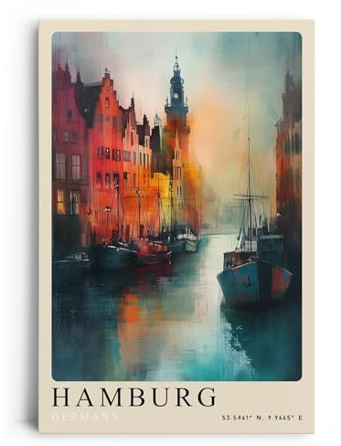 Paul Sinus Leinwandbild 40x60cm Hamburg Harbor Lights – Farbenfrohe Hafenszene mit historischen Gebäuden, Spiegelungen im Wasser