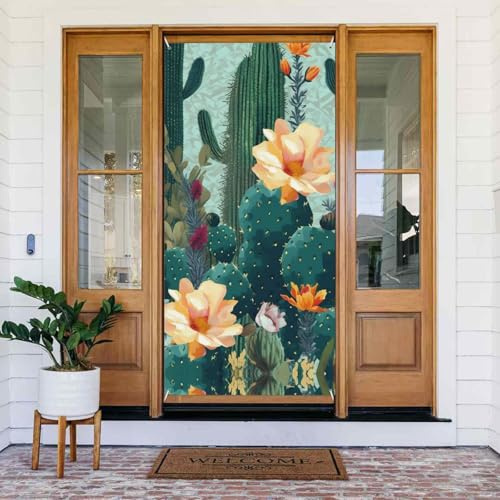 Bannière de décoration de porte motif cactus floral d'été avec corde de 6 m, décoration de porte à suspendre pour Halloween, Noël, 90 x 185 cm, bannière pliable pour fenêtre de porche