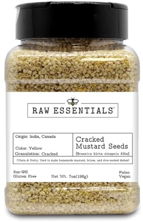 Raw Essentials Cracked Yellow Mustard Seeds – Warm Nutty Flavor for Pickling, Homemade Mustard & Brines – Non GMO, Gluten Free, Vegan – 7 oz Bottle