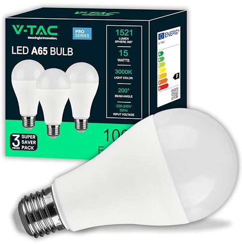 V-TAC 3x Lampadine LED 15W ad Alta Luminosità 1521 Lumen - E27 A65 - Lampadine Nuova Generazione - 3000K Luce Bianco Caldo - Equivalenti a 100W - Box da 3
