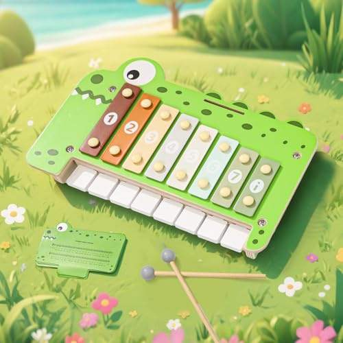 XIAPIA Jouet en Bois Musical Éveil pour Bébé 1 an+, Piano Crocodile Xylophone Instruments de Musique Percussion, Cadeau Parfait Fille Garçon Anniversaire Pâques Noël
