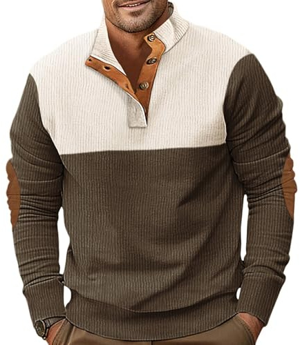 PRIVIMIX Cord tröja herr sweatshirt lätt långärmad Henley t-shirt tröja med knappslå M-3XL, BRUN, L