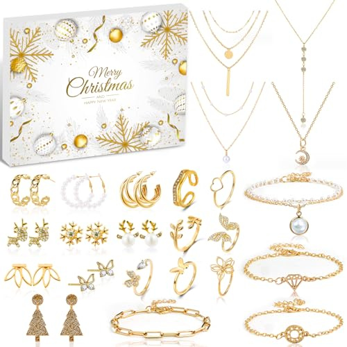 2025 Schmuck Adventskalender für Frauen Mädchen, 24 Überraschungen Count Down Kalender mit Golden Armband, Halskette, Ohrringe Weihnachtsgeschenke für Mutter, Frau, Freundin und Tochter