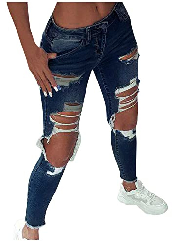 Skinny Ripped Jeans Womens Low Waisted Stretch Distressed Denim Pants Slim Fit Stretchy Ripped Boyfriend Jeans Casual Y2K Streetwear Destroyed Faded Trousers Denim with Hole