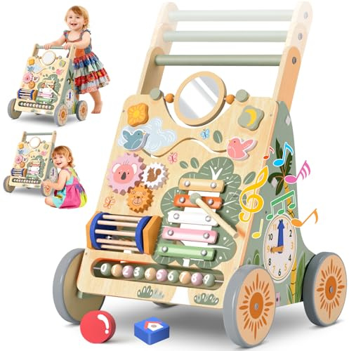 Baby gåvagn trä, pedagogisk skjutleksak för barn, Montessori aktivitetscenter med motorikspel, baby, multifunktionell träleksak som present till pojkar och flickor