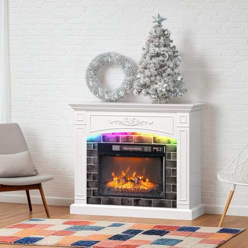 Karl home Electric Fireplace Suite, Fire Insert TV Stand up to 55'', Electric Fires and Surrounds with Remote Control, and Overheat Protection 6 LED Flame Colors White