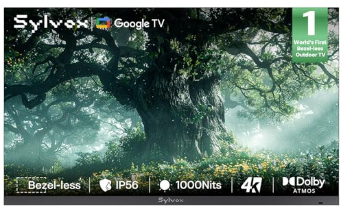 SYLVOX 75 TV da Esterno - Frameless 4K UHD 1000Nits per Aperto, Smart Google Outdoor TV Impermeabile IP56, Dolby Atmos, Wi-Fi, Assistente, Bluetooth, Ideale per Giardino/Terrazzo (Frameless /2026)