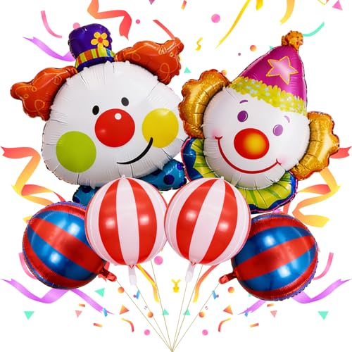 6 Pezzi Palloncini Decorativi per Carnevale, 4D Ballons Alluminio, Colore Rosso, Bianco, Blu, Palloncini Clown del Circo, Decorazioni Festa per Tema Circo Carnevale