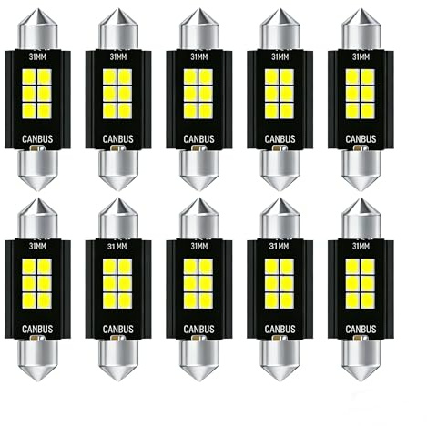 Aestry 10 Stück Soffitte Birne, Canbus 12V DC 300LM 6000K Weiß Soffitte Glühbirnen Girlandenbirne Innenraumleuchten für Boot RV Camper Kofferraumlicht Landschaft (31-mm)