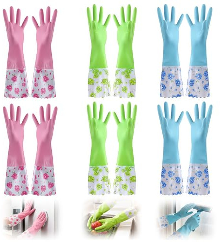 6 Pairs 40cm Washing up Glove,Reusable Non-Slip Dishwashing Cleaning Gloves | Long Cuff Household Cleaning Gloves for Kitchen Bathroom Laundry Gardening (Blue Pink Green)