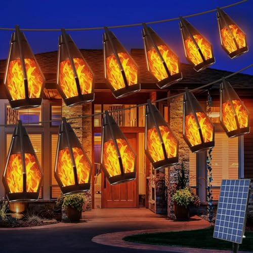 Solar Flammeneffekt Lichterkette Außen 12,6m,15 LED Flammenlampen IP65 Wasserdicht Solar für Garten, Terrasse, Balkon, Realistisches Kerzenlicht Flackereffekt für Weihnachten, Hochzeit, Party Deko