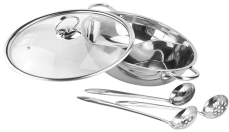 BETOOKY Pentola Calda in Acciaio Inox 32 Cm Doppia con Divisore Saldato, Set 4 Pezzi con Cucchiaio e Scolapasta, Compatibile con Fornelli a Gas, Induzione ed Elettrici, per Cucina